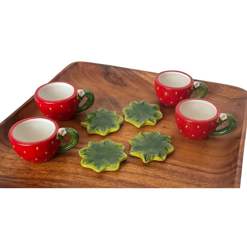 Strawberry Tea Set Ceramic Hand Painted Pot Cups Saucers Kitsch Cottagecore - Picture 4 of 14